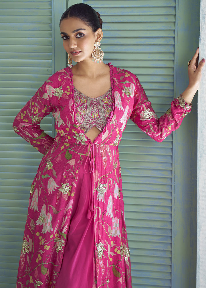 Magenta Pink Chinon Silk Embroidered Palazzo Suit with Floral Overlay Jacket