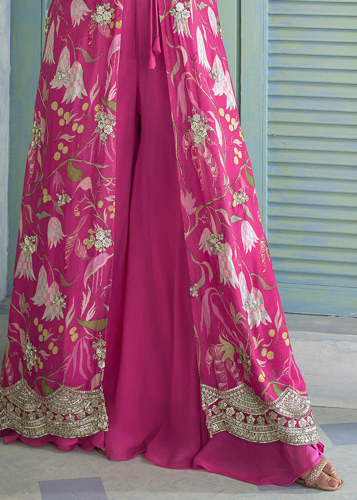 Magenta Pink Chinon Silk Embroidered Palazzo Suit with Floral Overlay Jacket