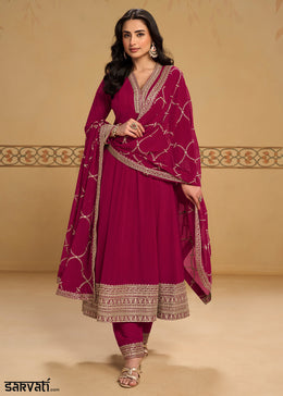 Berry Pink Georgette Anarkali Suit Set with Zari & Thread Embroidery