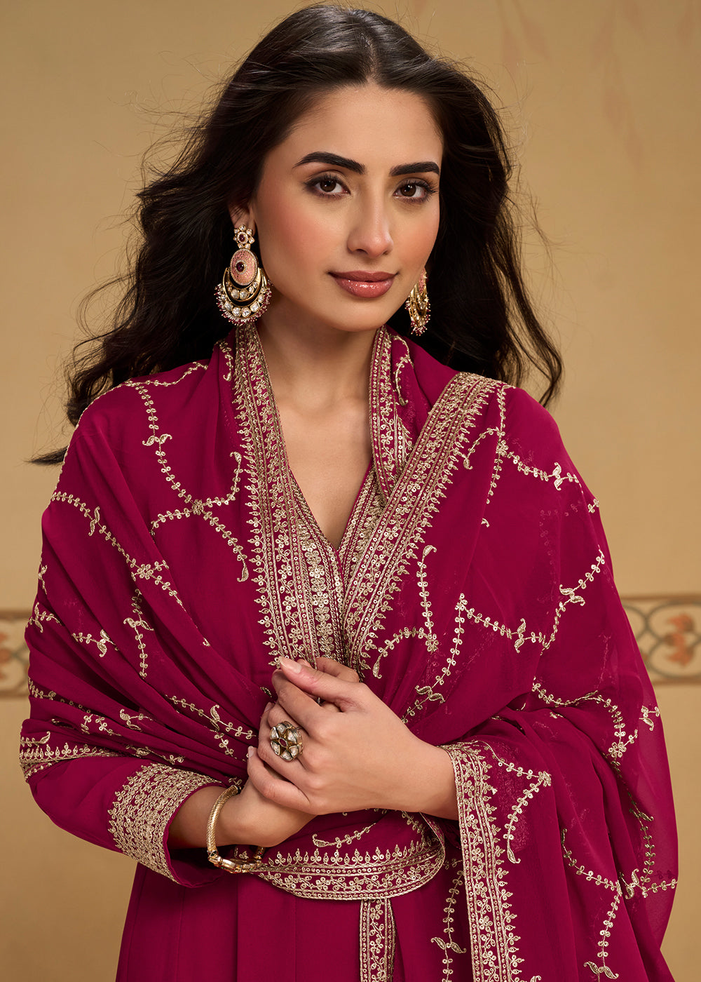 Berry Pink Georgette Anarkali Suit Set with Zari & Thread Embroidery