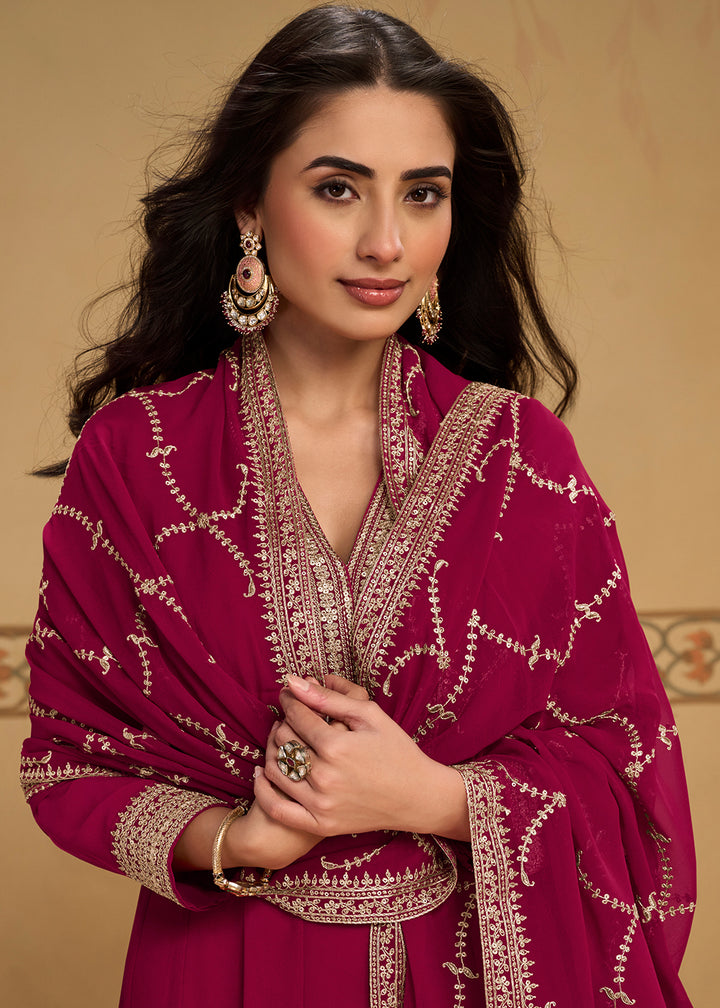 Berry Pink Georgette Anarkali Suit Set with Zari & Thread Embroidery
