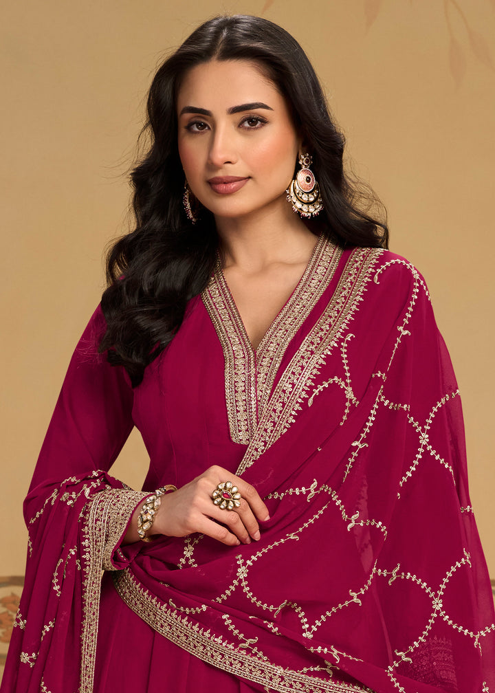 Berry Pink Georgette Anarkali Suit Set with Zari & Thread Embroidery