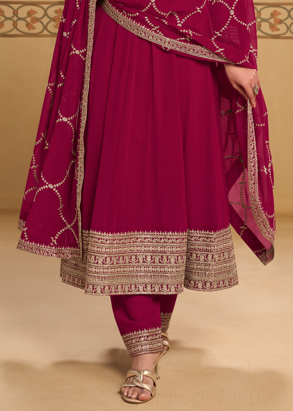 Berry Pink Georgette Anarkali Suit Set with Zari & Thread Embroidery