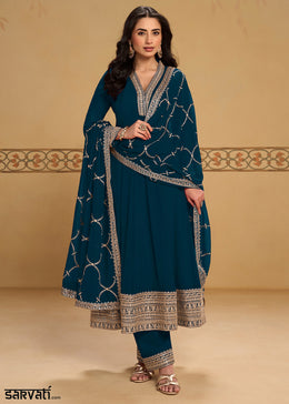 Peacock Blue Georgette Anarkali Suit Set with Zari & Thread Embroidery