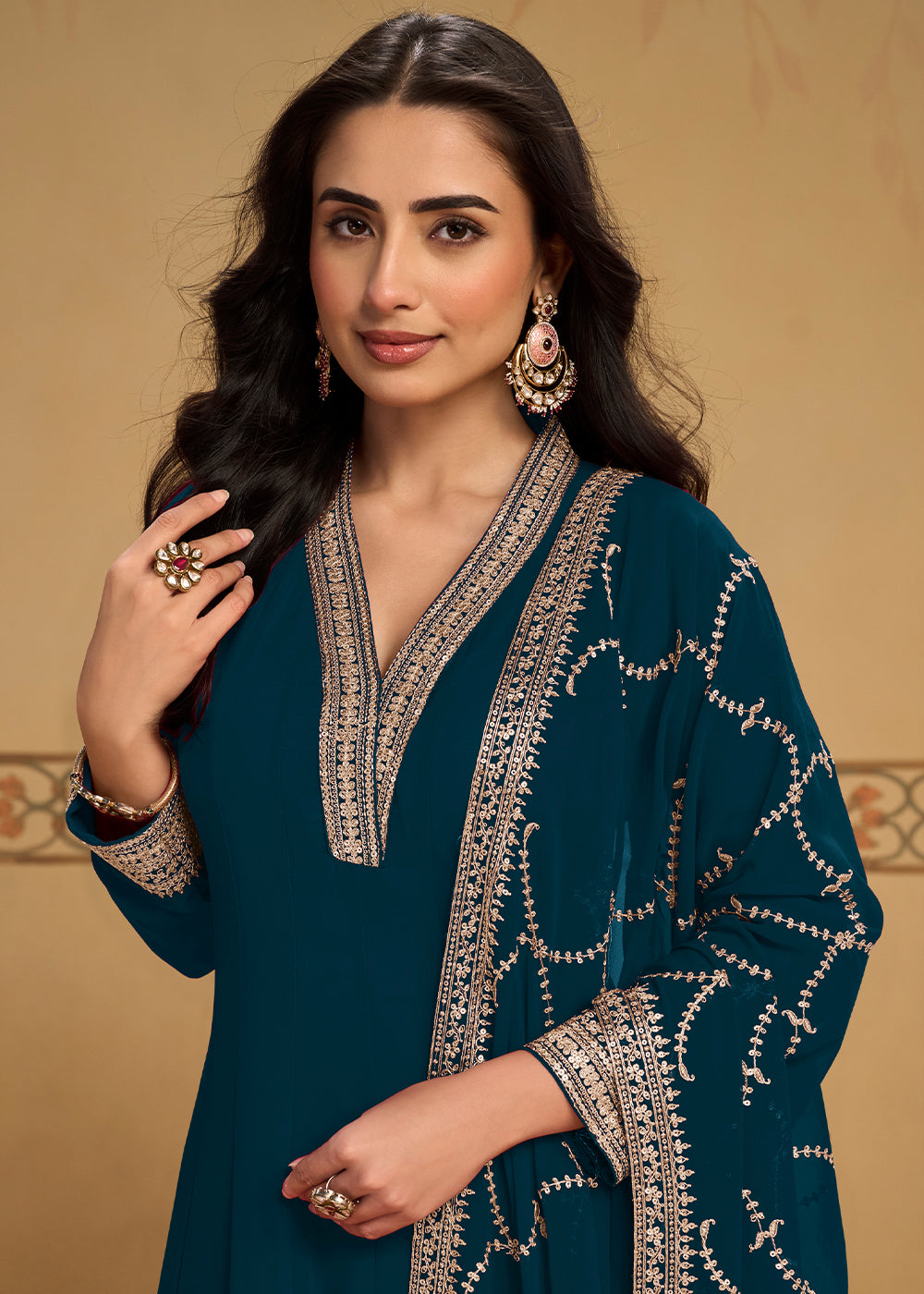 Peacock Blue Georgette Anarkali Suit Set with Zari & Thread Embroidery