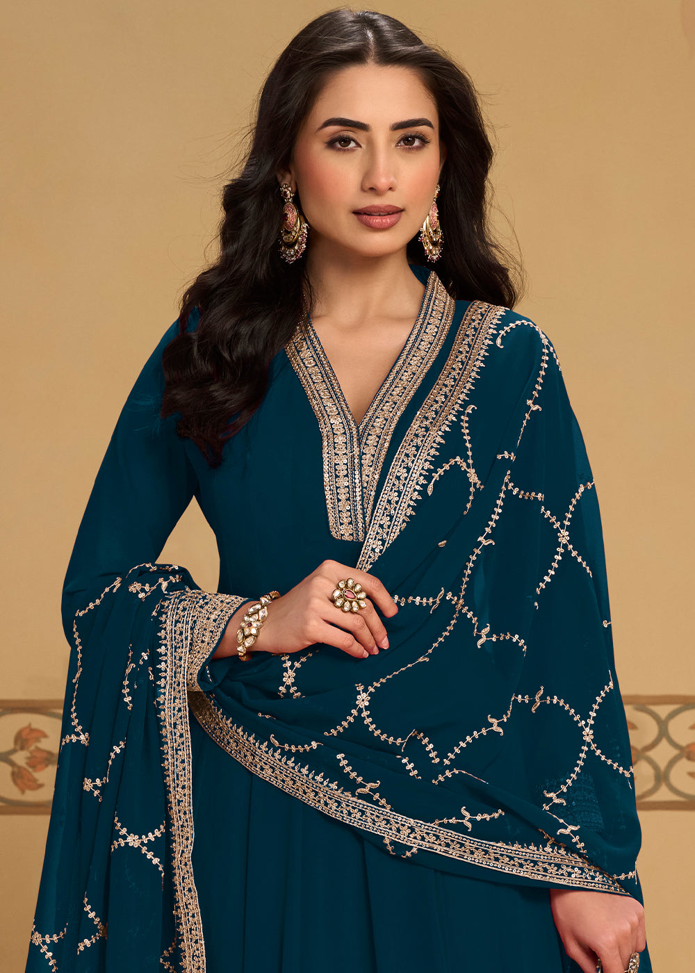 Peacock Blue Georgette Anarkali Suit Set with Zari & Thread Embroidery