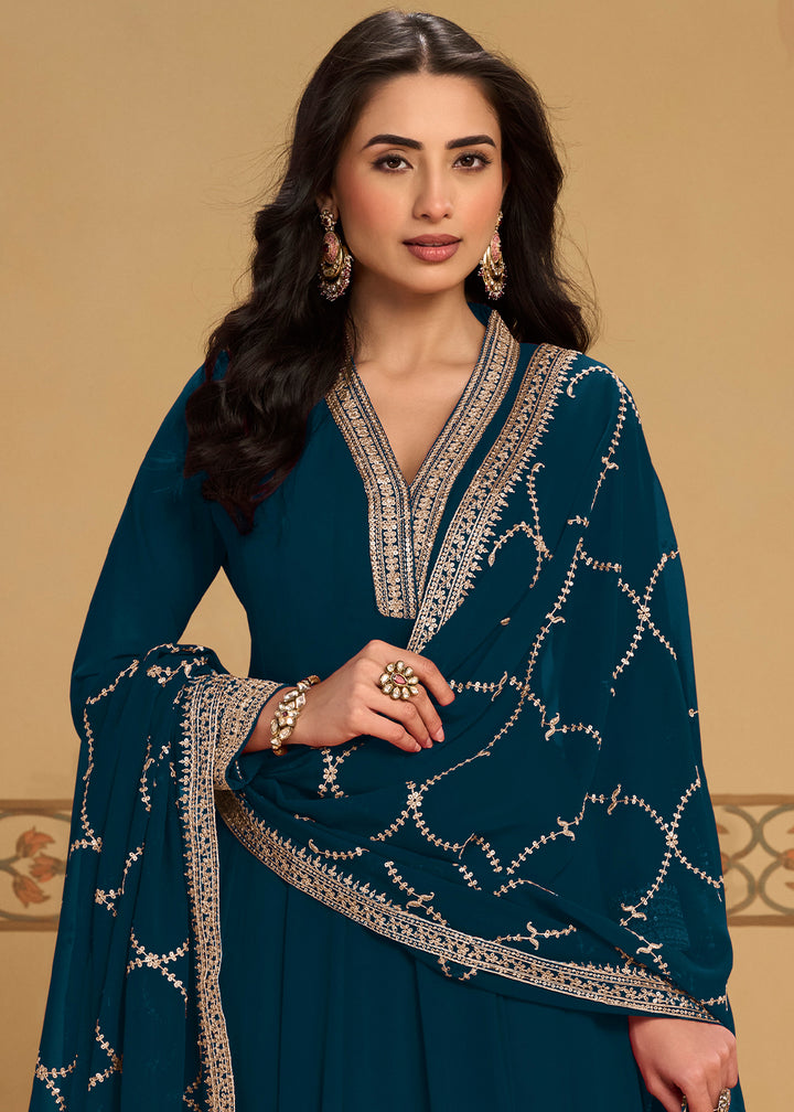 Peacock Blue Georgette Anarkali Suit Set with Zari & Thread Embroidery