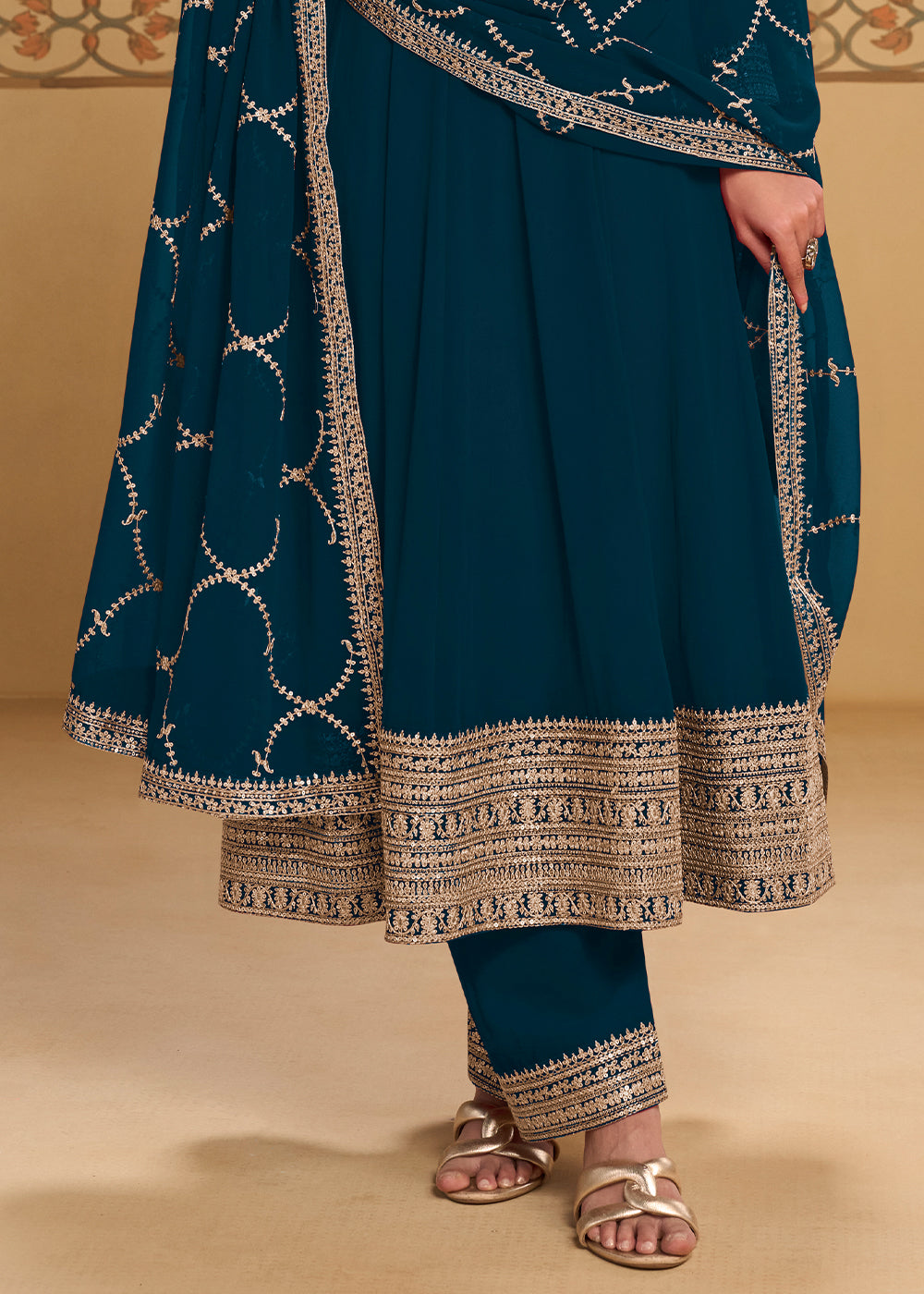 Peacock Blue Georgette Anarkali Suit Set with Zari & Thread Embroidery