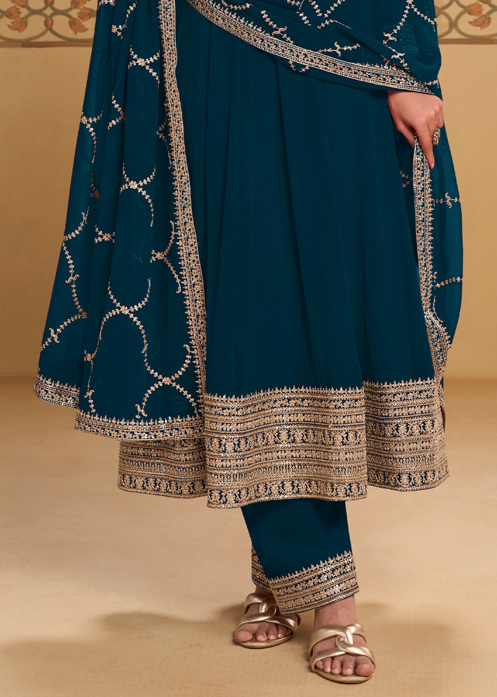 Peacock Blue Georgette Anarkali Suit Set with Zari & Thread Embroidery