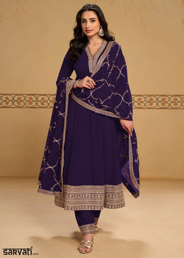 Deep Purple Georgette Anarkali Suit Set with Zari & Thread Embroidery