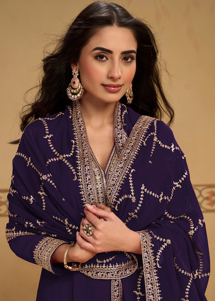 Deep Purple Georgette Anarkali Suit Set with Zari & Thread Embroidery