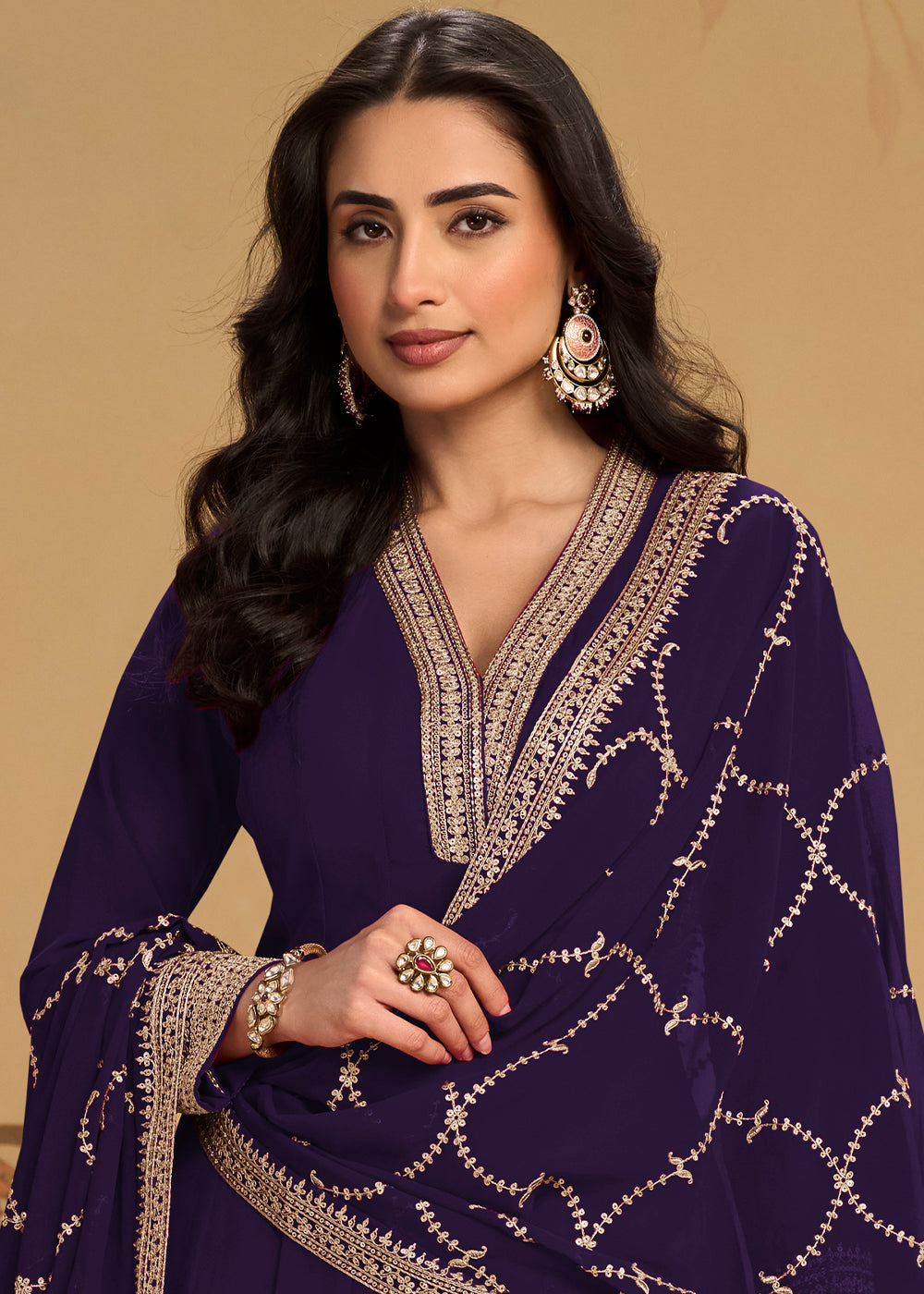 Deep Purple Georgette Anarkali Suit Set with Zari & Thread Embroidery