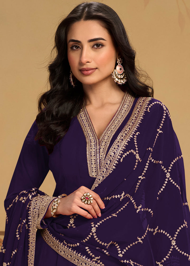 Deep Purple Georgette Anarkali Suit Set with Zari & Thread Embroidery