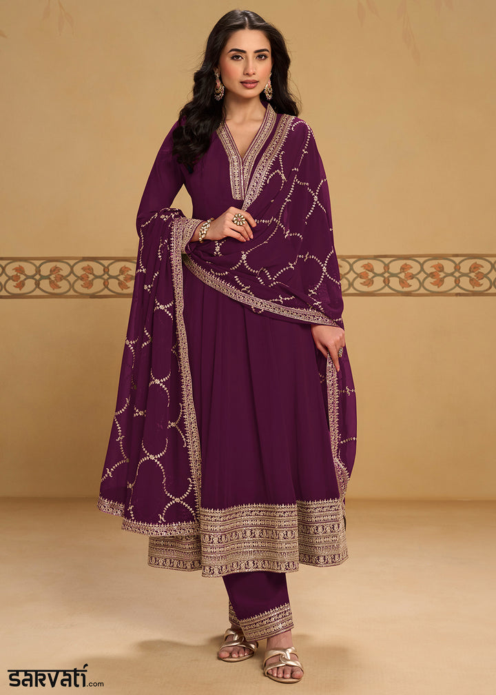 Plum Purple Georgette Anarkali Suit Set with Zari & Thread Embroidery