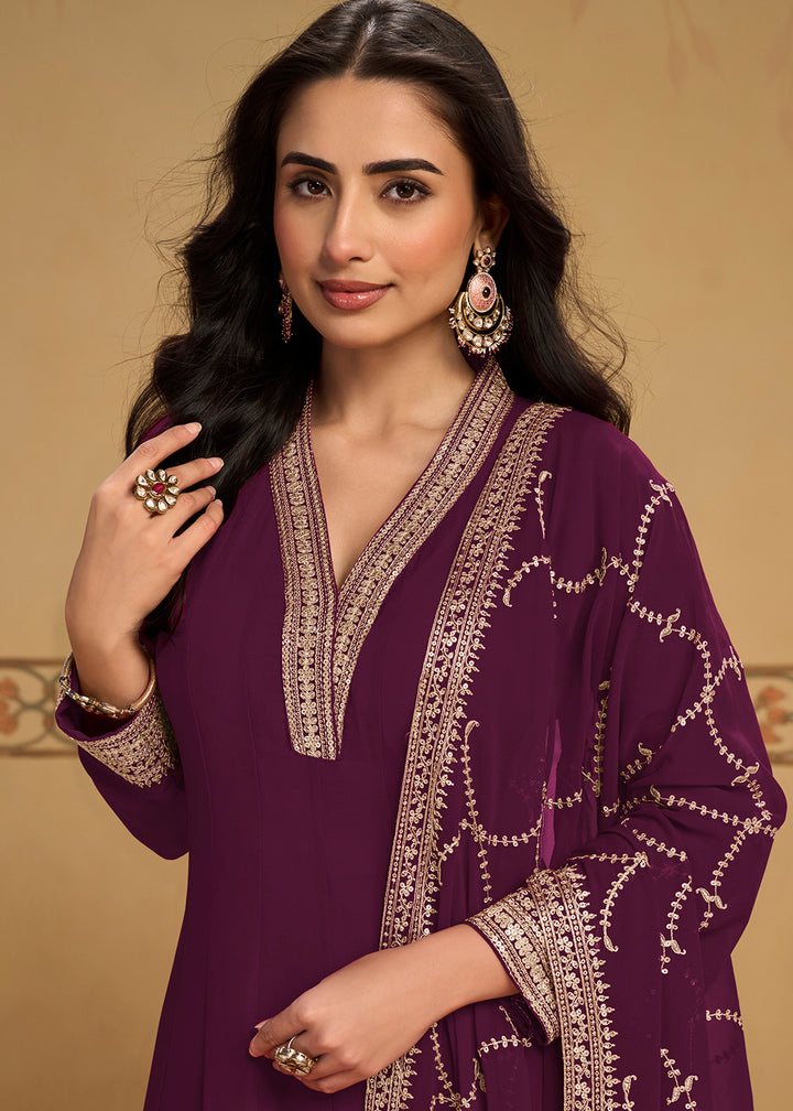 Plum Purple Georgette Anarkali Suit Set with Zari & Thread Embroidery