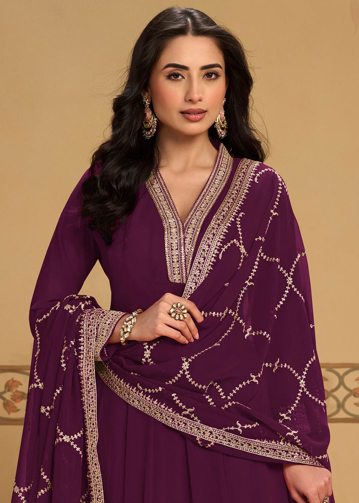 Plum Purple Georgette Anarkali Suit Set with Zari & Thread Embroidery