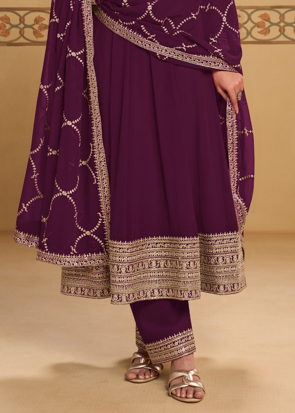 Plum Purple Georgette Anarkali Suit Set with Zari & Thread Embroidery