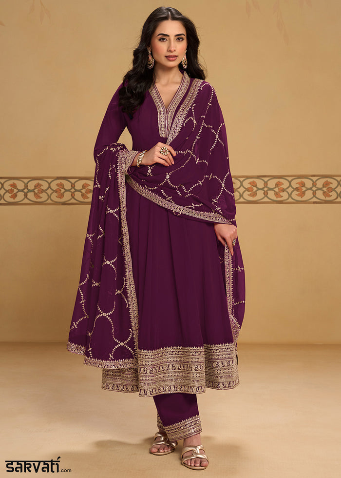 Plum Purple Georgette Anarkali Suit Set with Zari & Thread Embroidery