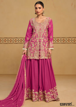 Magenta Pink Chinon Silk Palazzo Suit Set with Zari and Floral Embroidery