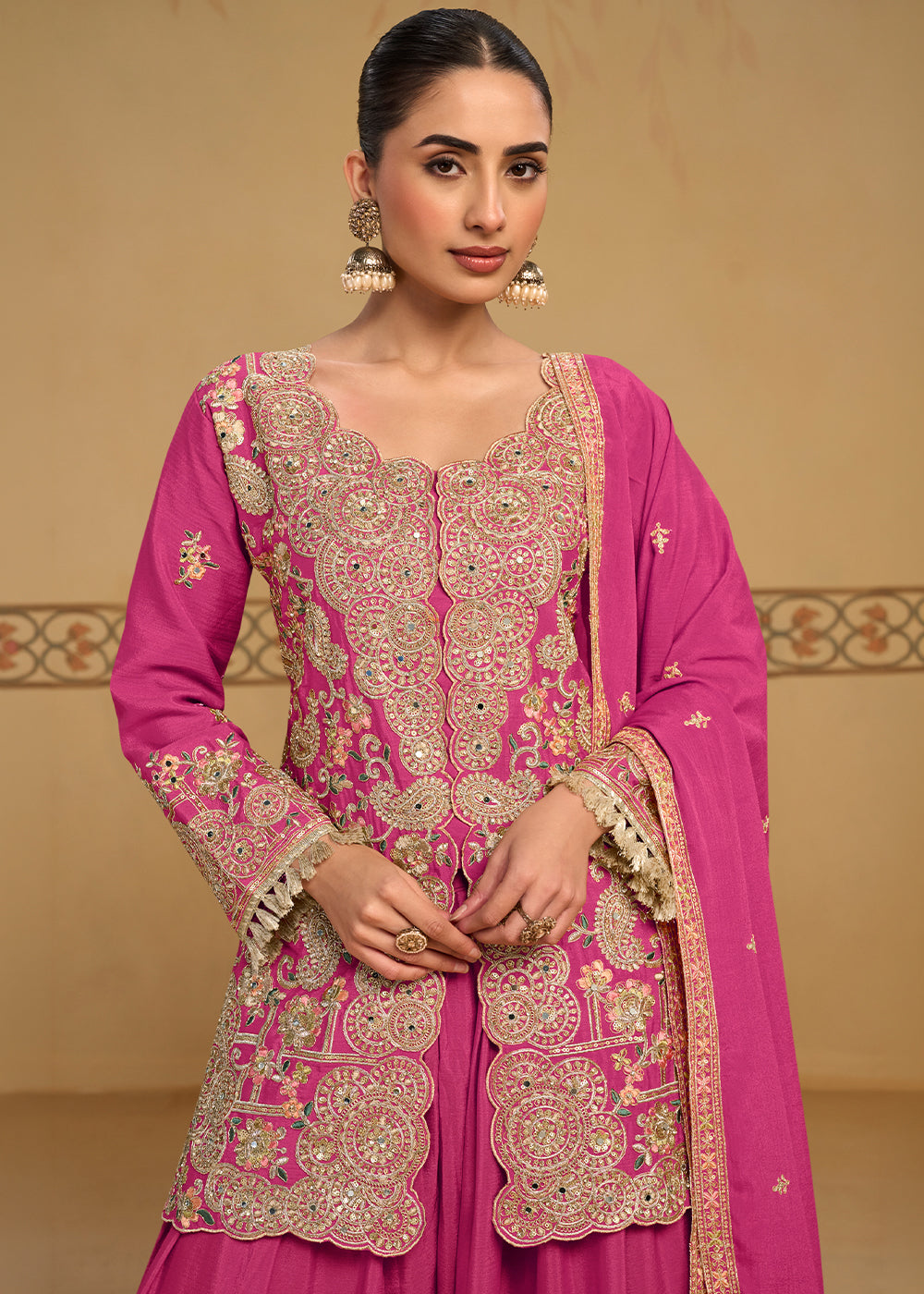 Magenta Pink Chinon Silk Palazzo Suit Set with Zari and Floral Embroidery