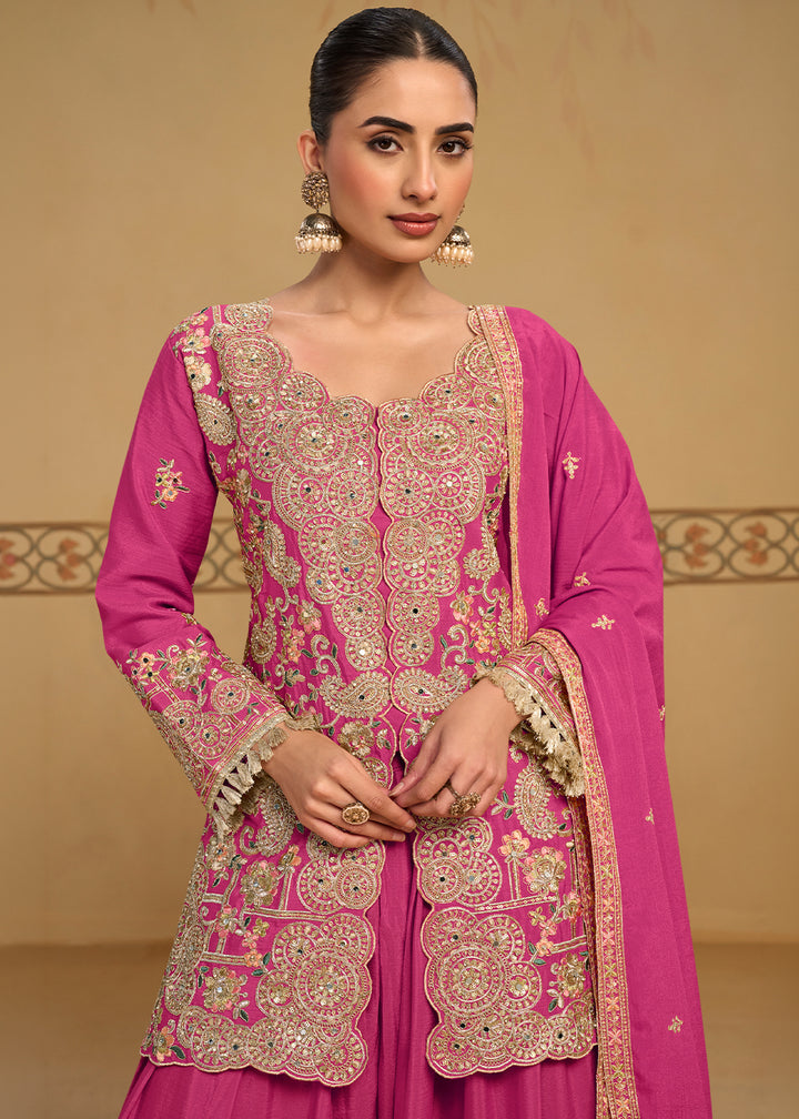 Magenta Pink Chinon Silk Palazzo Suit Set with Zari and Floral Embroidery