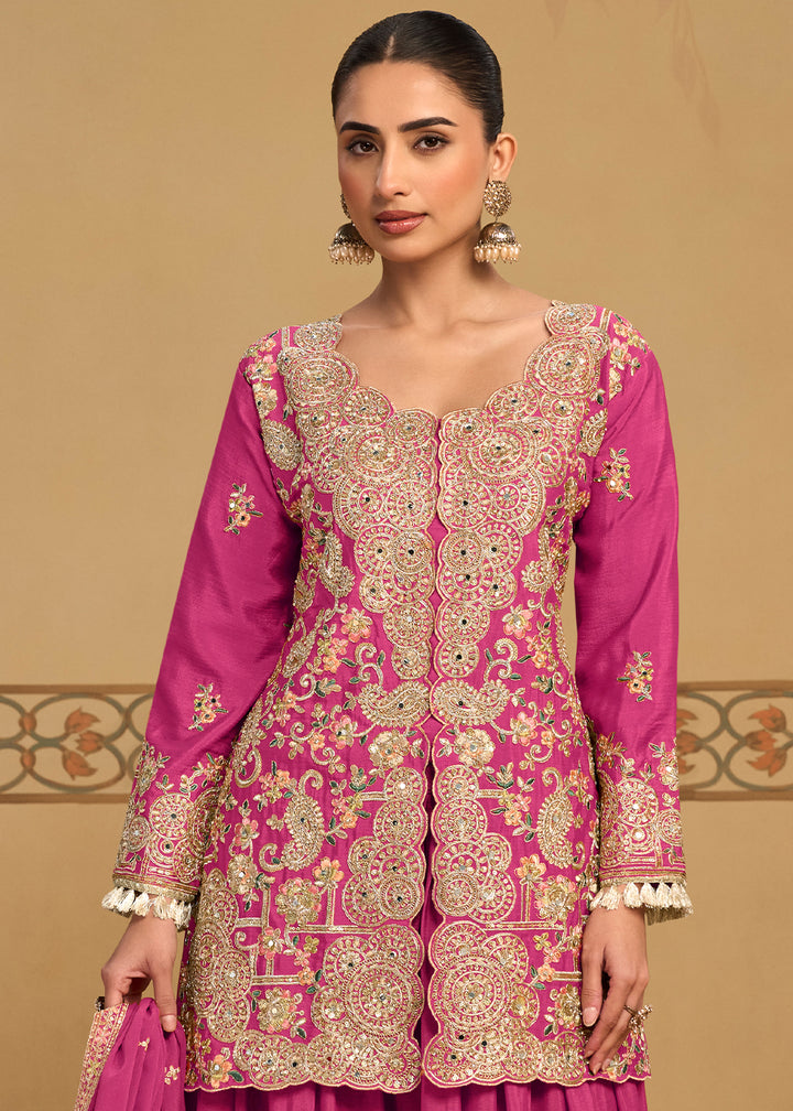 Magenta Pink Chinon Silk Palazzo Suit Set with Zari and Floral Embroidery