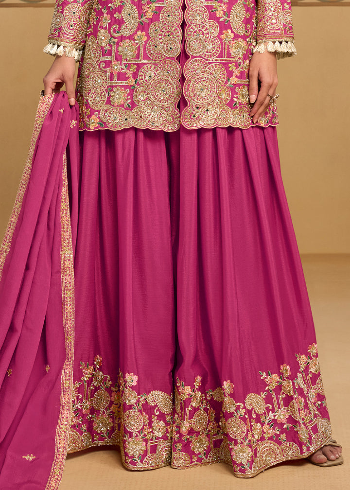 Magenta Pink Chinon Silk Palazzo Suit Set with Zari and Floral Embroidery