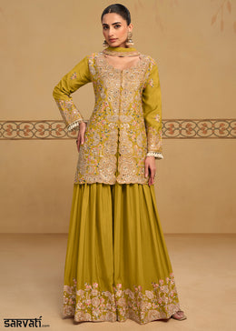 Light Olive Green Chinon Silk Palazzo Suit Set with Zari and Floral Embroidery