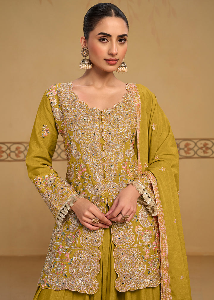 Light Olive Green Chinon Silk Palazzo Suit Set with Zari and Floral Embroidery