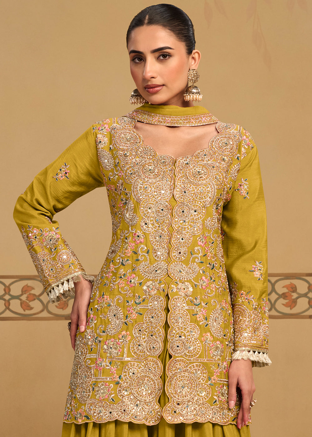 Light Olive Green Chinon Silk Palazzo Suit Set with Zari and Floral Embroidery