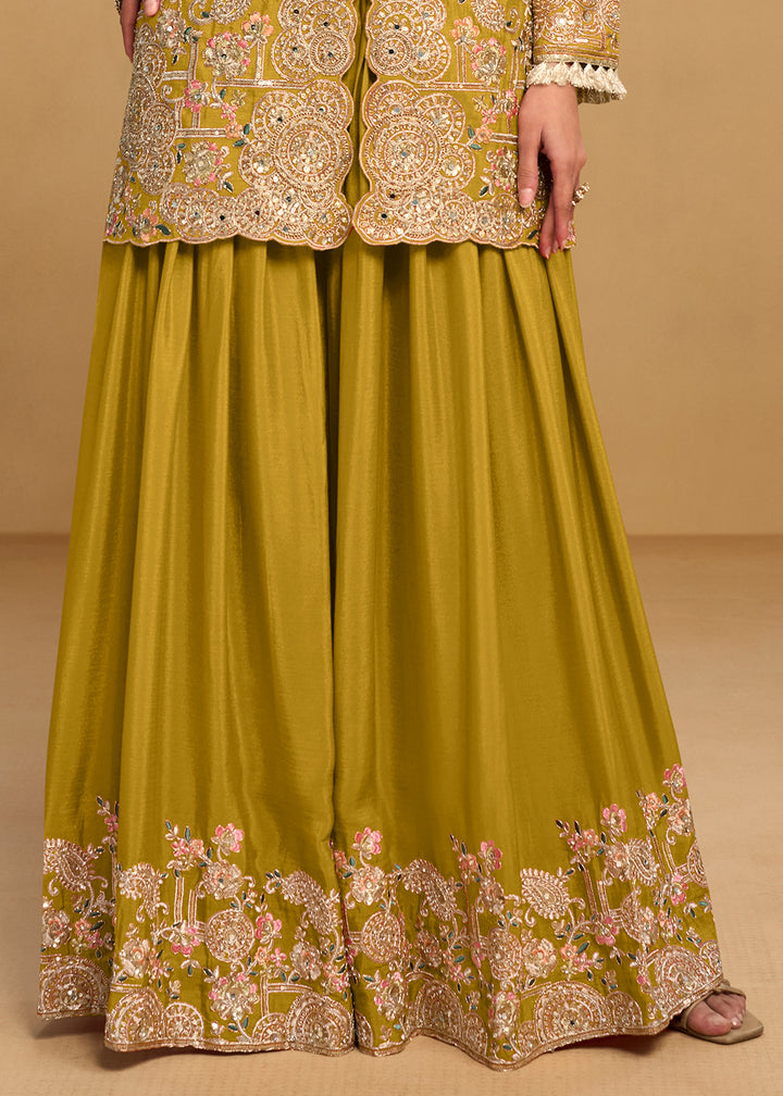 Light Olive Green Chinon Silk Palazzo Suit Set with Zari and Floral Embroidery