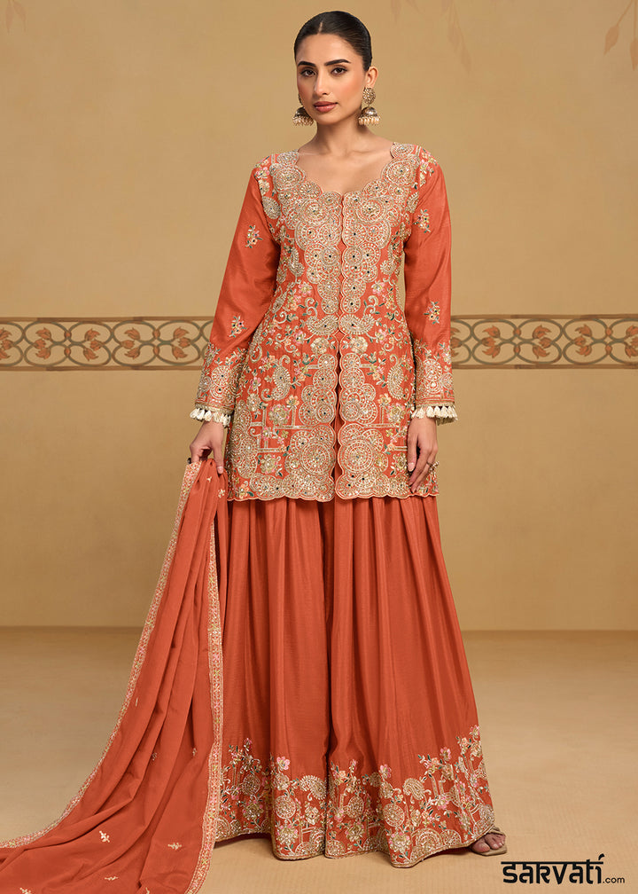 Flame Orange Chinon Silk Palazzo Suit Set with Zari and Floral Embroidery