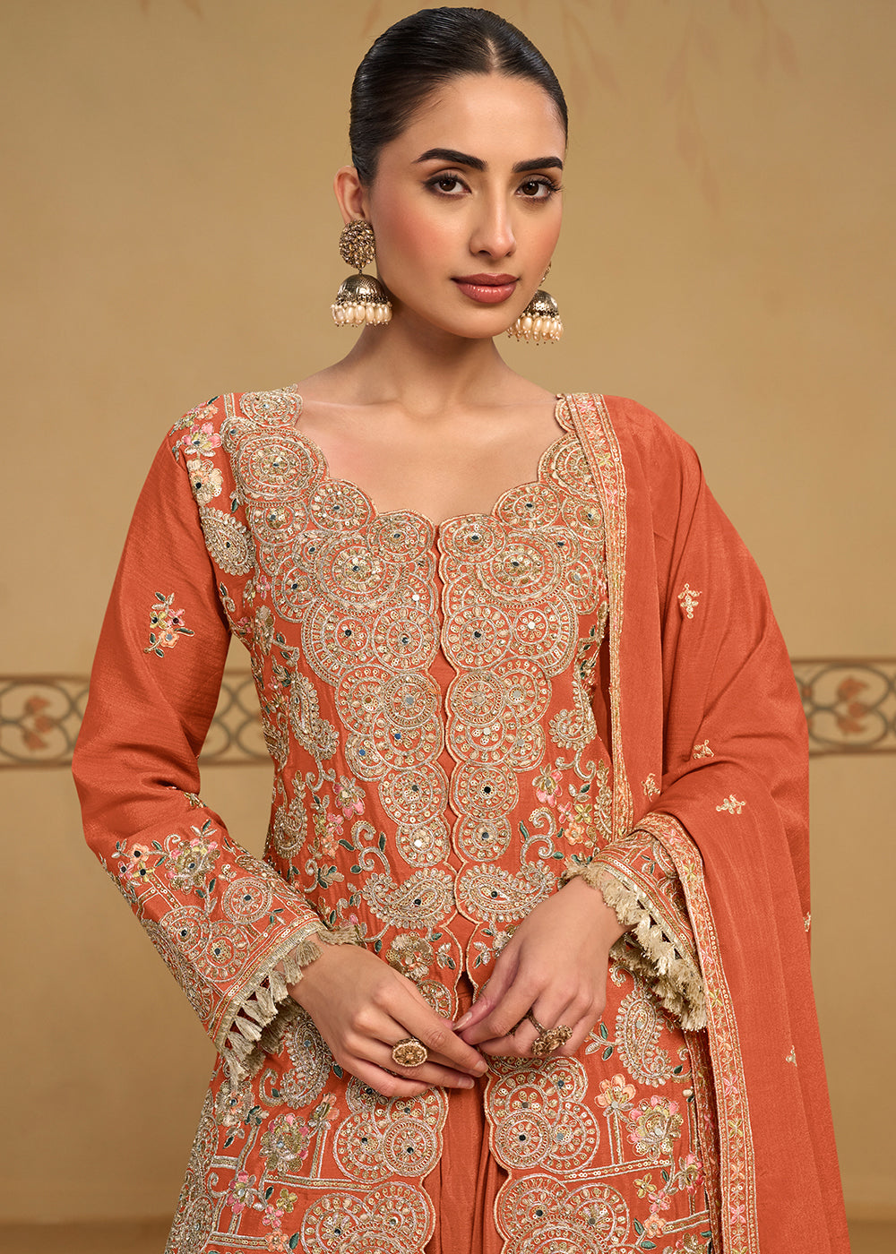 Flame Orange Chinon Silk Palazzo Suit Set with Zari and Floral Embroidery