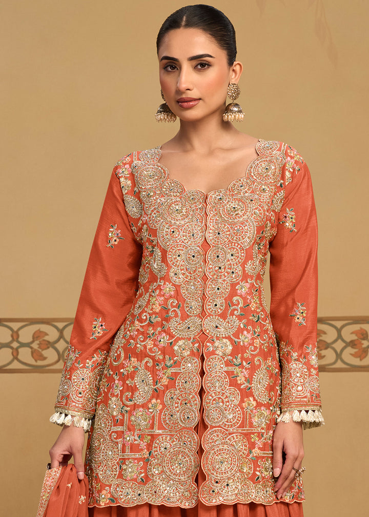 Flame Orange Chinon Silk Palazzo Suit Set with Zari and Floral Embroidery
