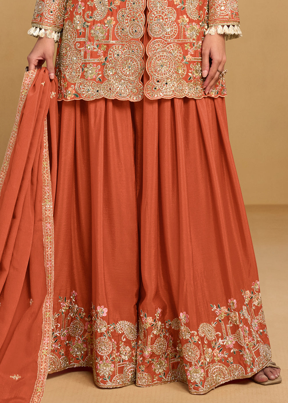 Flame Orange Chinon Silk Palazzo Suit Set with Zari and Floral Embroidery