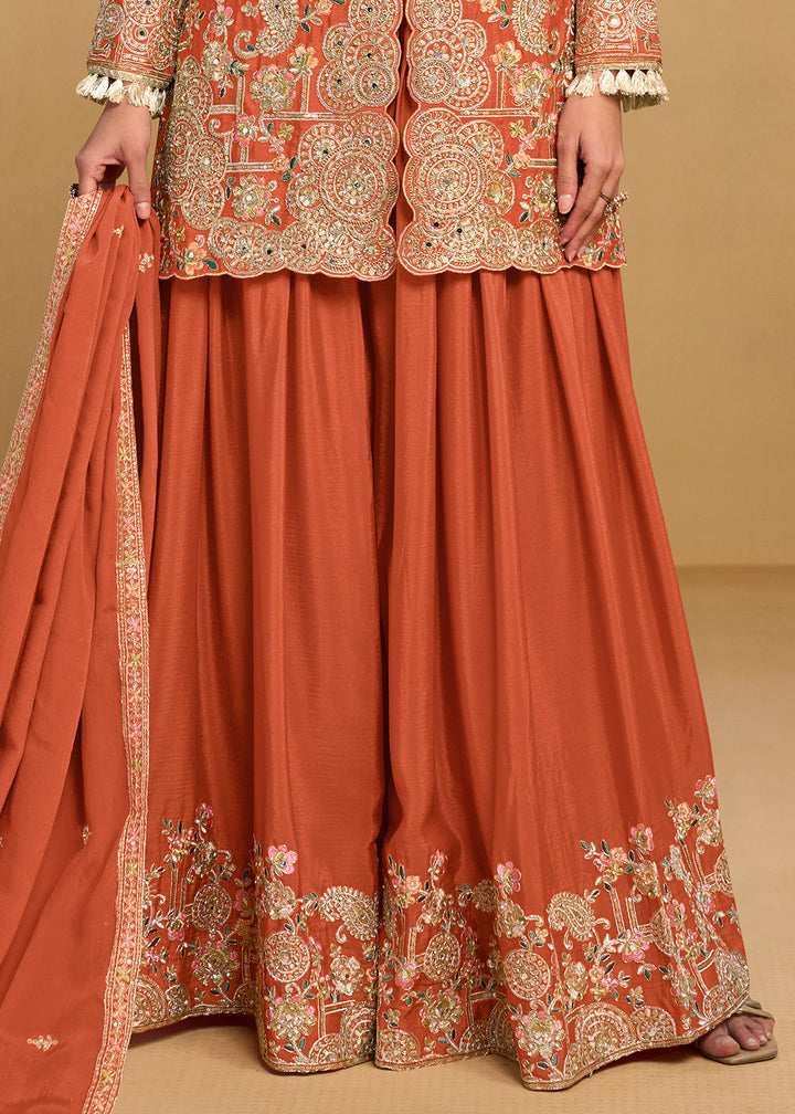 Flame Orange Chinon Silk Palazzo Suit Set with Zari and Floral Embroidery