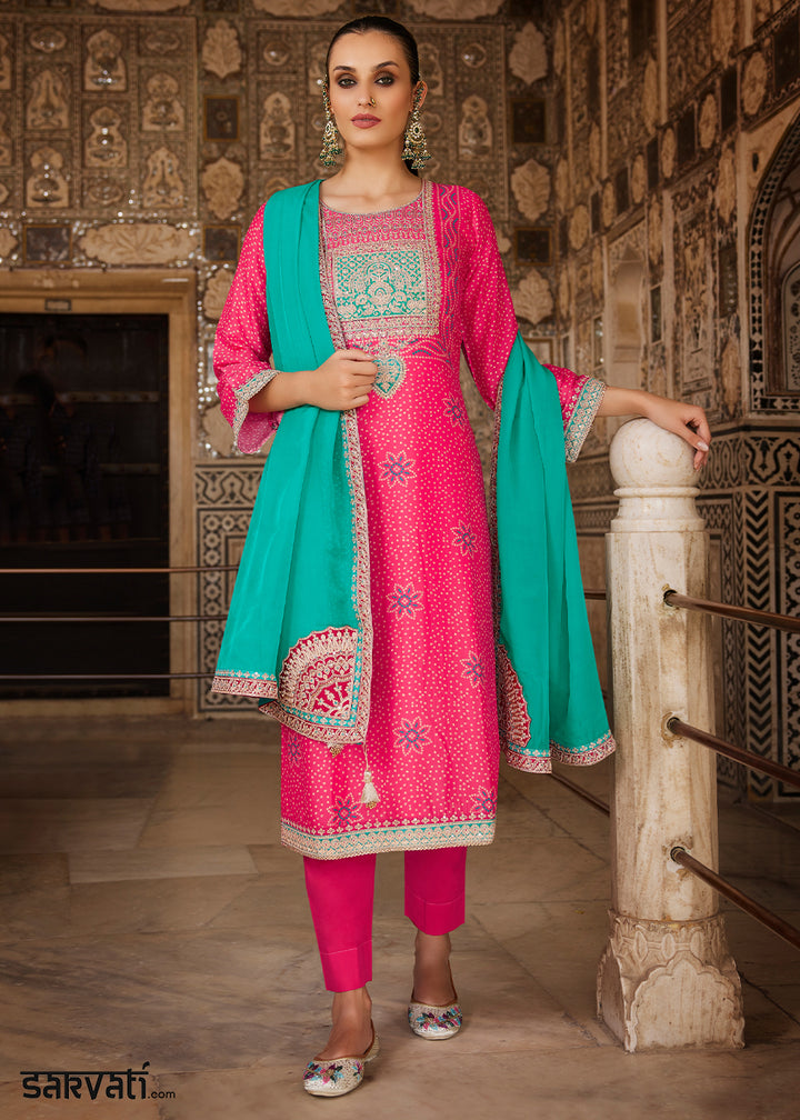 French Fuchsia Pink Bandhani Print Silk Straight Kurta Set with Embroidery Patchwork