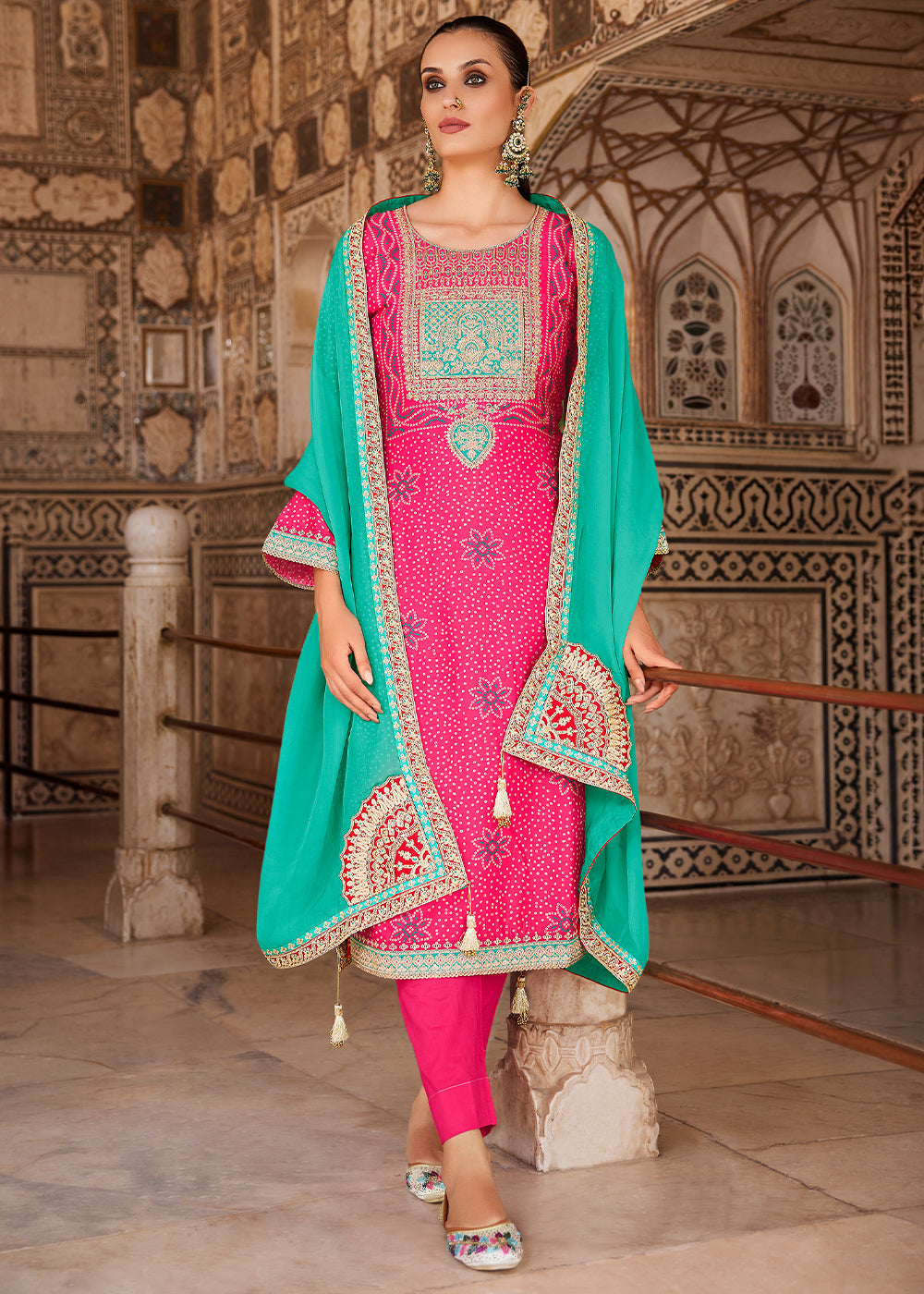 French Fuchsia Pink Bandhani Print Silk Straight Kurta Set with Embroidery Patchwork