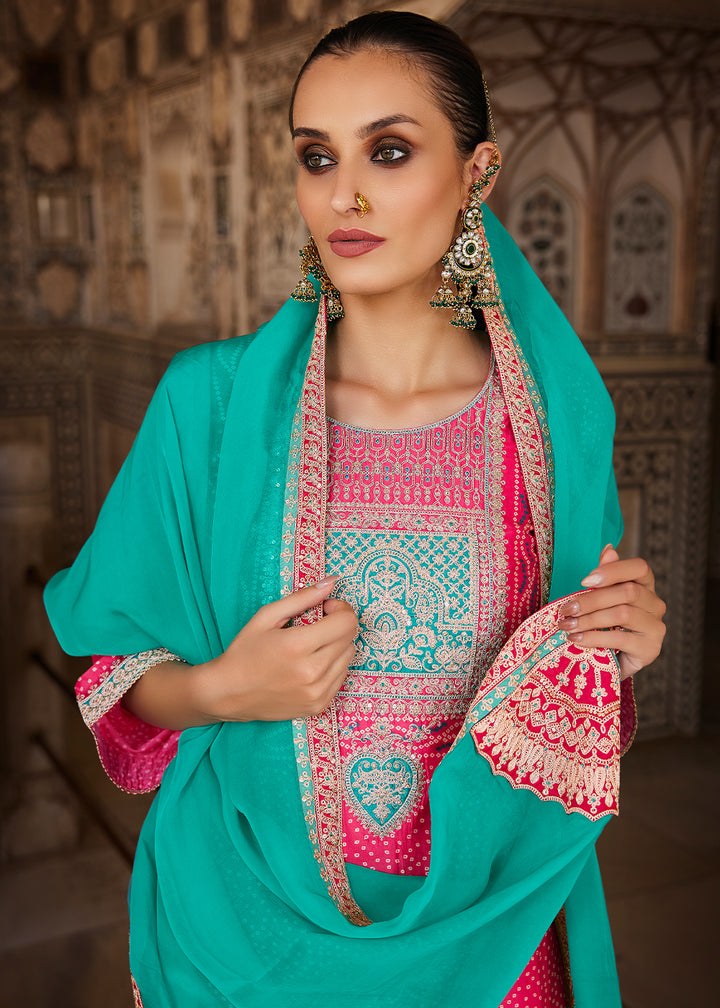 French Fuchsia Pink Bandhani Print Silk Straight Kurta Set with Embroidery Patchwork