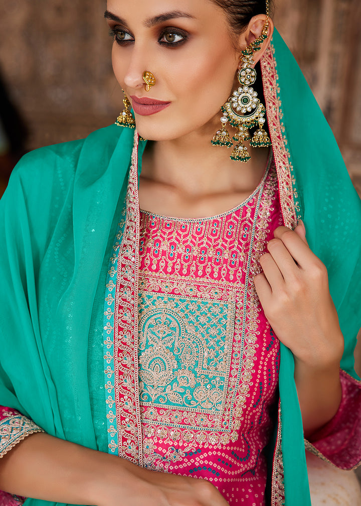 French Fuchsia Pink Bandhani Print Silk Straight Kurta Set with Embroidery Patchwork