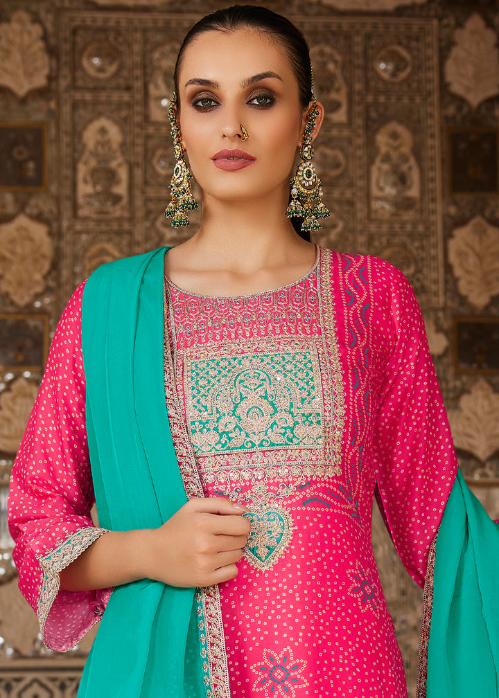 French Fuchsia Pink Bandhani Print Silk Straight Kurta Set with Embroidery Patchwork