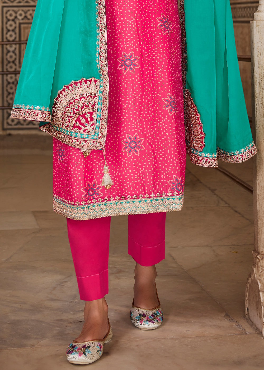 French Fuchsia Pink Bandhani Print Silk Straight Kurta Set with Embroidery Patchwork