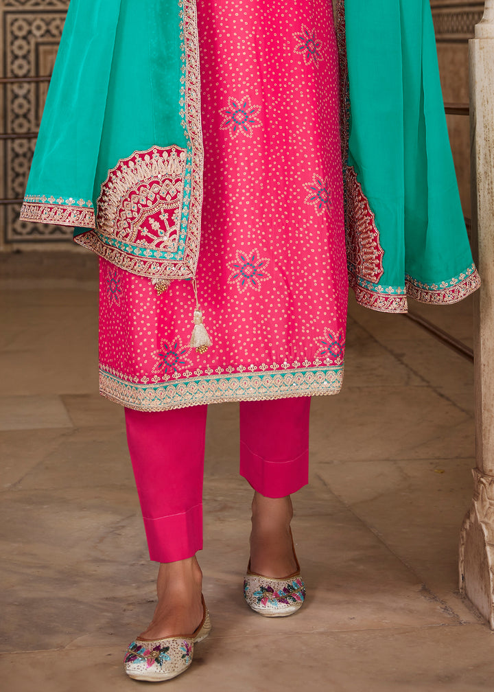 French Fuchsia Pink Bandhani Print Silk Straight Kurta Set with Embroidery Patchwork