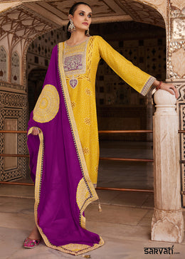 Golden Yellow Bandhani Print Silk Straight Kurta Set with Embroidery Patchwork