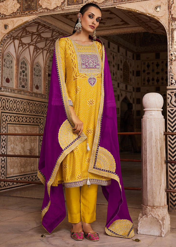 Golden Yellow Bandhani Print Silk Straight Kurta Set with Embroidery Patchwork