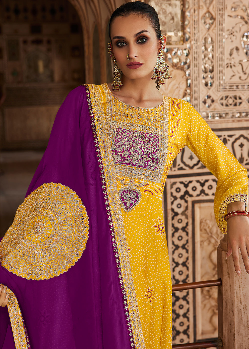 Golden Yellow Bandhani Print Silk Straight Kurta Set with Embroidery Patchwork