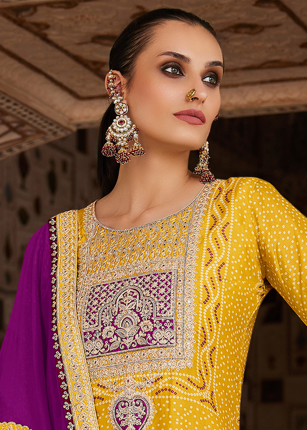 Golden Yellow Bandhani Print Silk Straight Kurta Set with Embroidery Patchwork
