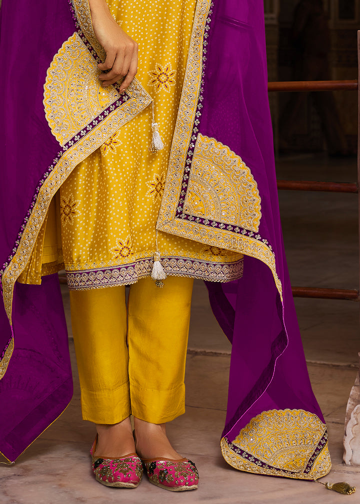 Golden Yellow Bandhani Print Silk Straight Kurta Set with Embroidery Patchwork