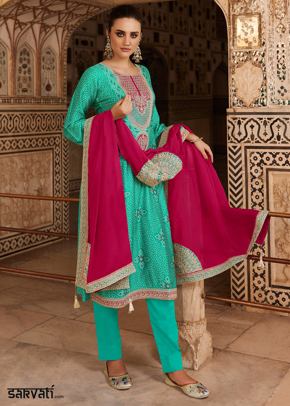 Turquoise Green Bandhani Print Silk Straight Kurta Set with Embroidery Patchwork