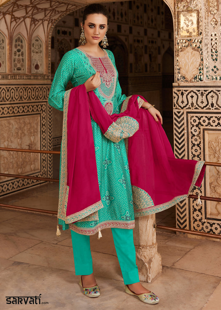 Turquoise Green Bandhani Print Silk Straight Kurta Set with Embroidery Patchwork